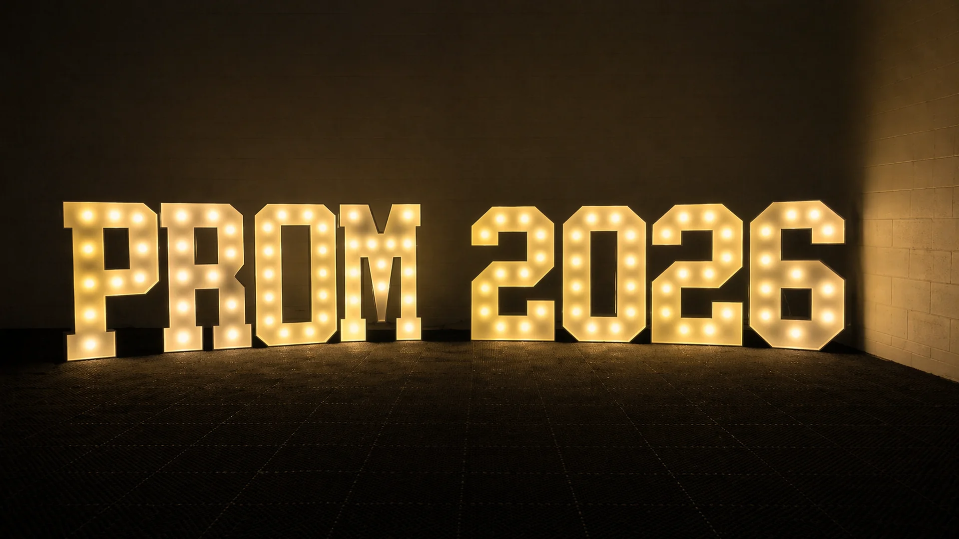PROM 2026 4ft marquee letters in warm white — illustration
